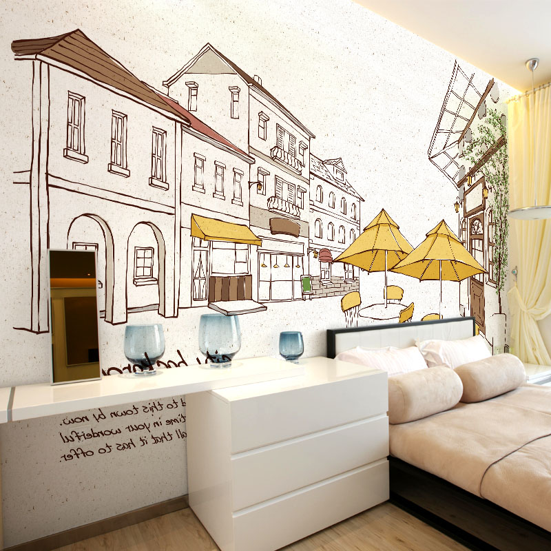 艺术手绘城市街景墙纸餐厅咖啡厅墙布客厅酒吧3d壁纸ktv个性壁画