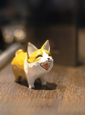 鹿妖商店 开心狗子 纯手工木雕摆件 柯基 哈士奇实木动物桌面雕塑
