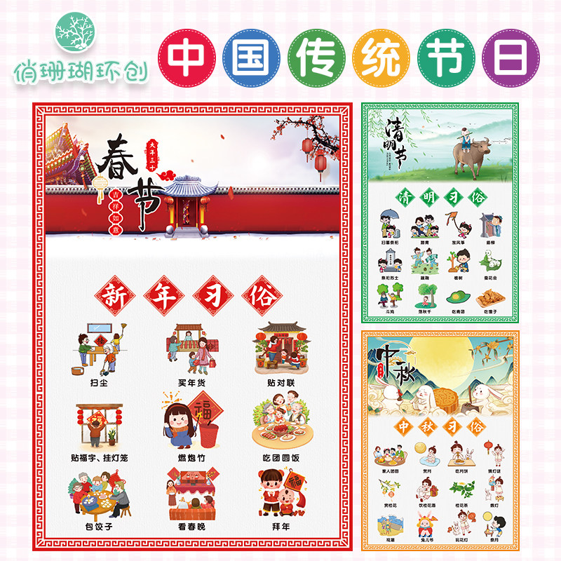幼儿园学校传统文化主题墙节日习俗环创过道文化墙走廊楼梯墙贴画
