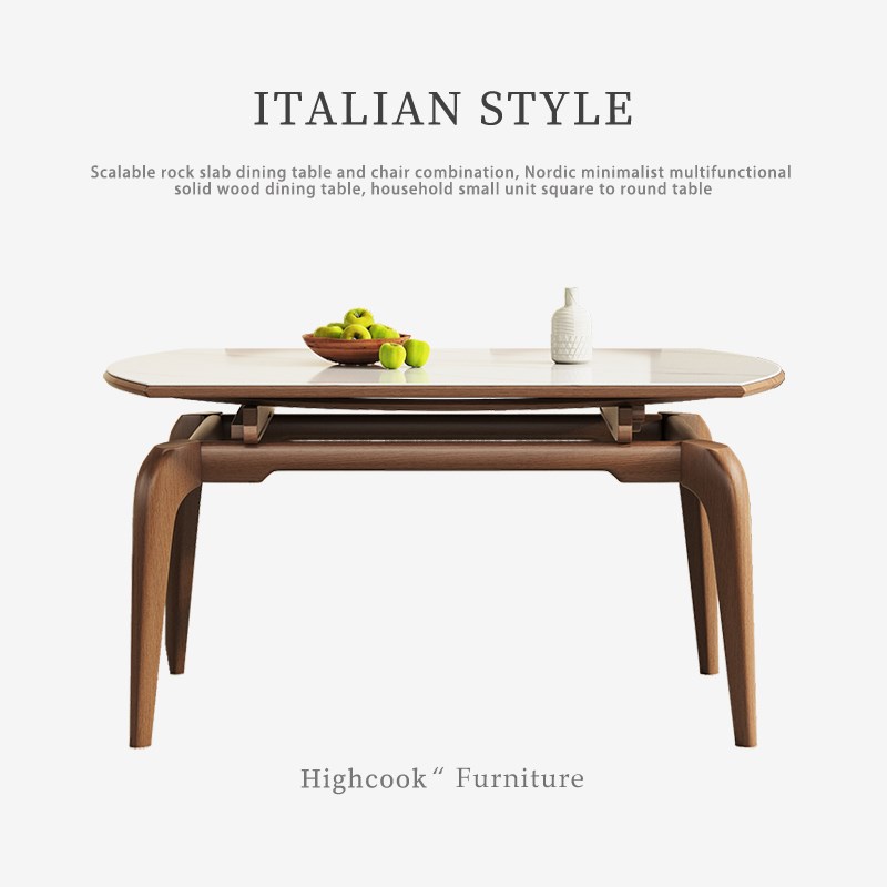 伸缩岩板餐桌家用小户型方圆两用饭桌现代简约大象腿实木折叠餐桌