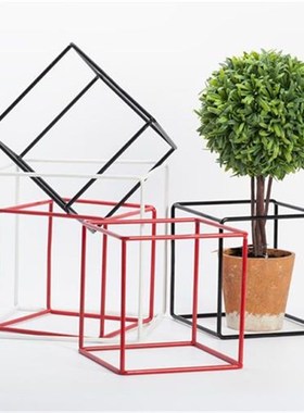 铁丝几何立方体正方体形 简约软装装饰品摆件中式方形框架铁艺