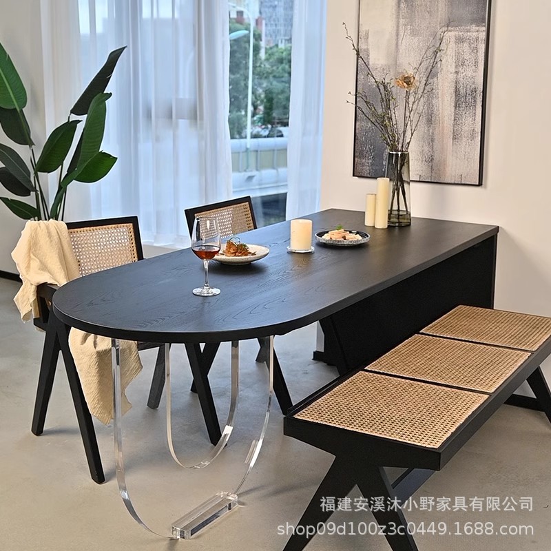 法式复古实木餐桌黑色半椭圆轻奢亚克力悬浮家用饭桌高端创意桌子