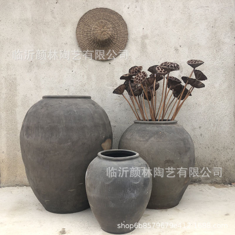 颜林土陶黑色大号水陆缸花盆