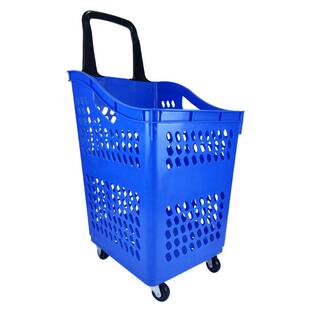 超市购物篮生鲜店买菜推拉蓝塑料带轮子加厚大号商超水果购物筐篮
