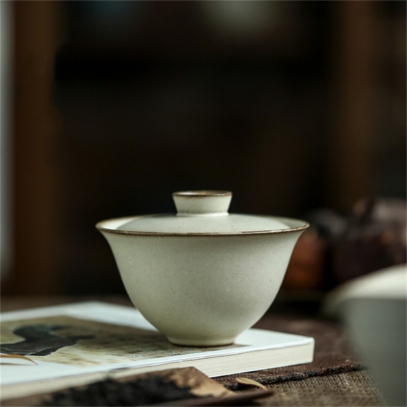 中蜜灰釉二才盖碗景德镇纯手工开片可养功夫茶具紫砂粗陶泡茶碗大