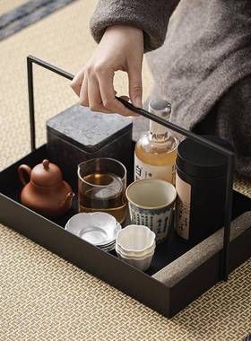 中式铁艺篮黑色盒铁茶具收纳茶55603棚新茶托盘样板间提装饰摆件