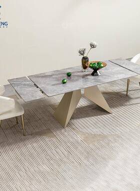 意式极简叠两侧拉伸1岩板餐桌可伸缩家用现R9852-F代简约0人方形