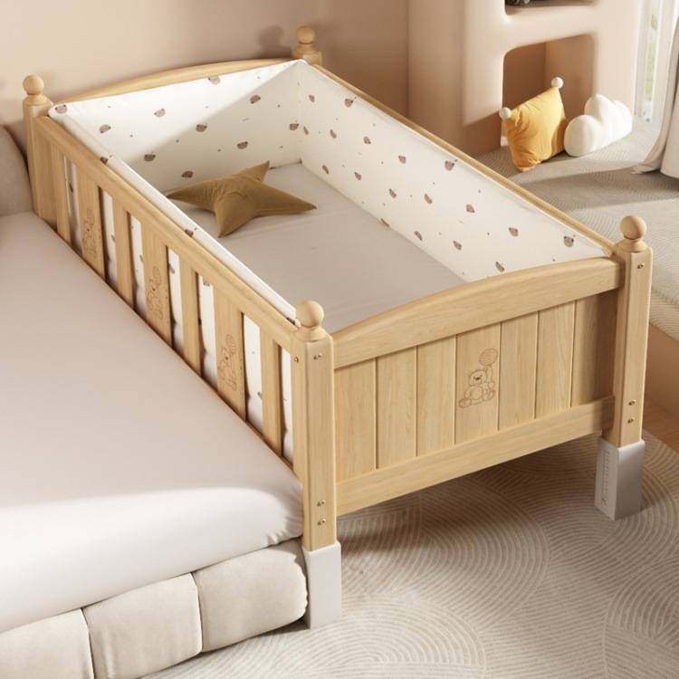 儿童床实木婴儿拼接大床男女孩可调节高度单人床边加宽带护栏小床