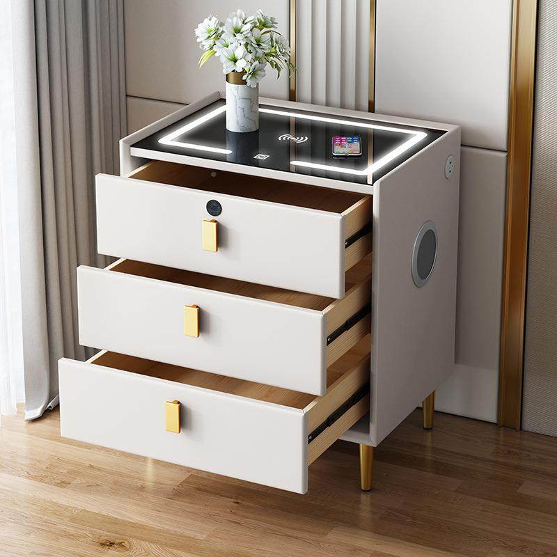 软体头柜能床头柜带灯音响代简约柜床子奶油风轻奢实木床202301头