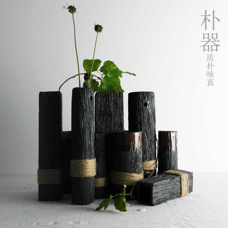朴器 粗陶花瓶陶艺花器花艺摆件 家居装饰水培花插绑麻绳仿木纹