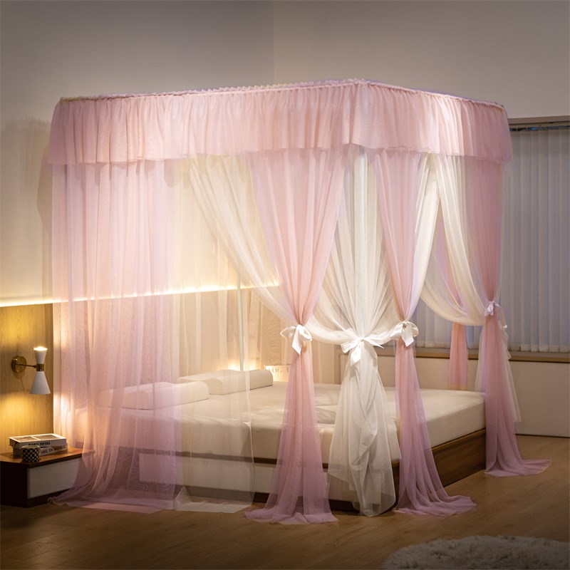 层纱蚊帐落地式支架宫廷蚊帐公主风三开门加密加厚床幔家用卧室