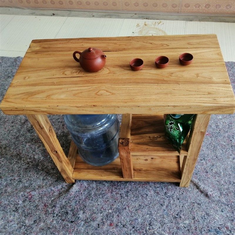 老榆木茶水柜长方形移动阳台小茶桌家用经济型整装实木茶台原木色