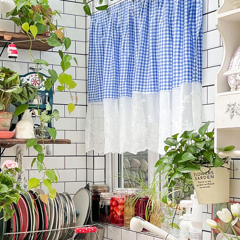 柜子遮挡帘法式棉麻蕾丝花边格子半截式遮光帘半帘短帘免打孔窗帘