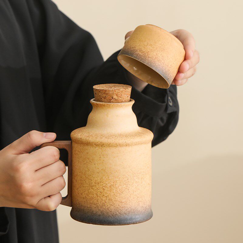 粗陶仿暖壶泡茶杯中式高档陶瓷马克水杯带盖家用办公定制喝茶杯子