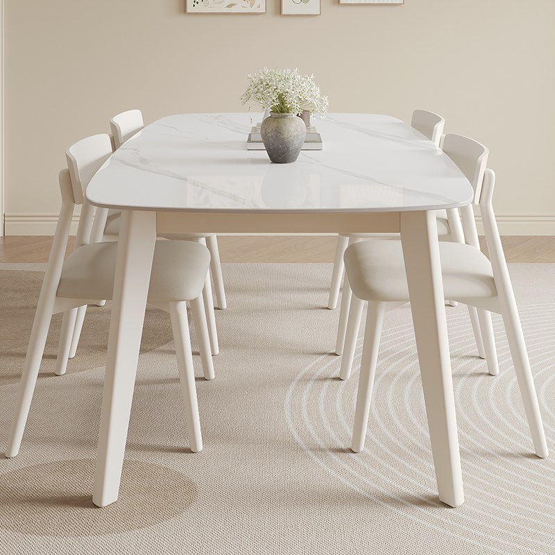 明匠轩家居奶油风家用白色岩板长方形实木餐桌椅外八角吃饭桌