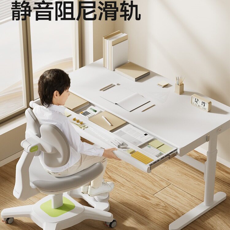 育才儿童学习桌椅小学生书桌家用写字课桌椅可升降简约学校大白桌
