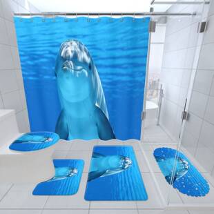 海豚跃动浴帘浴室地垫组合五件套装卫生间地毯淋浴房门垫脚垫跨境