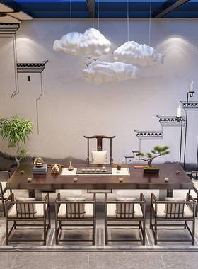 新中式大板实茶桌公TFB办室酒店黑檀色茶台木家用客椅厅泡茶桌组