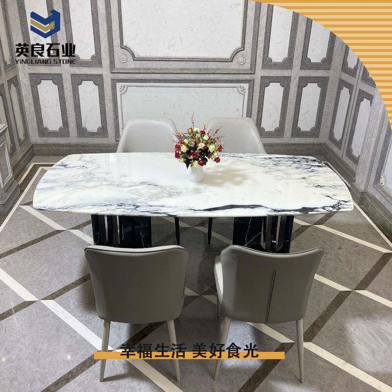 轻奢大理石餐桌组合现代简约吃饭桌子家用带转盘大理石长方桌小户
