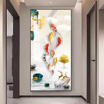 进门生财客厅玄关画对门挂RUG好画走廊尽九头墙壁画寓意鱼图装正