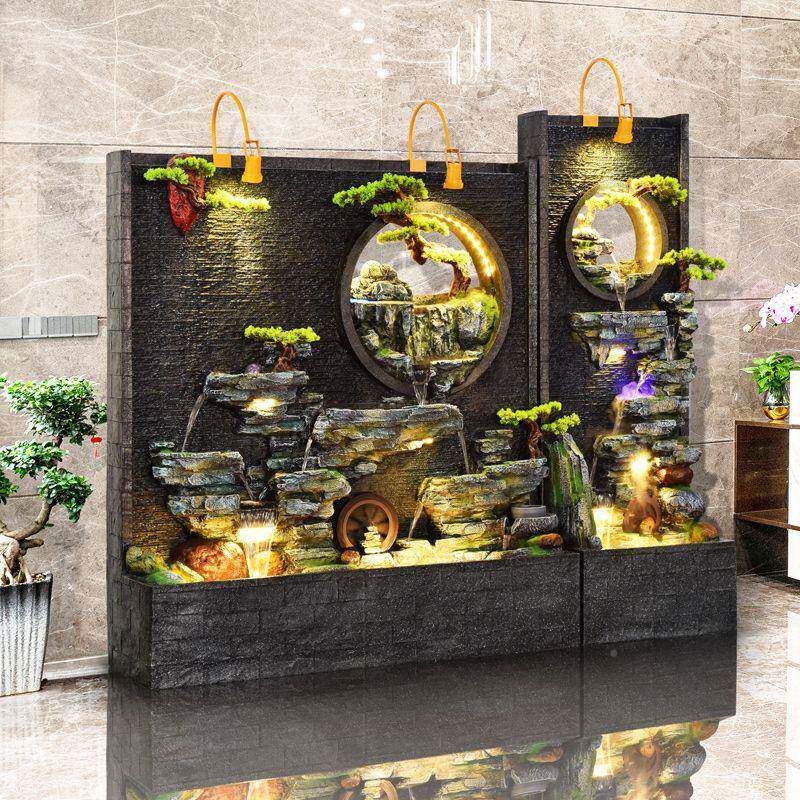 山水幕墙摆流水喷NLA泉厅客玄关装假饰庭院造景公司办公室屏风生