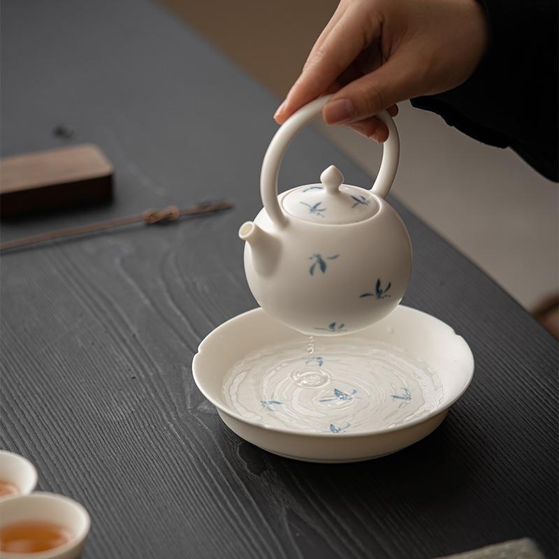 己哑光花口手用绘秋水盘兰花壶承陶YCG瓷家墨文人干泡茶点盘多用