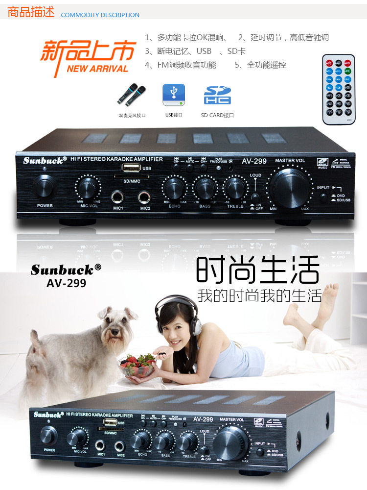 AV-299BT电脑桌面 HIFI小型功放 带遥控 FM收音 USB.SD读卡