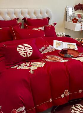 新中式上7k6WZDrJ龙凤刺绣结婚四件大红色床单被套纯套棉喜新婚被