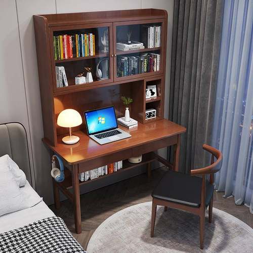 灰色实木书桌带柜门本记单人无品牌/电脑床桌书架一体卧室头笔学