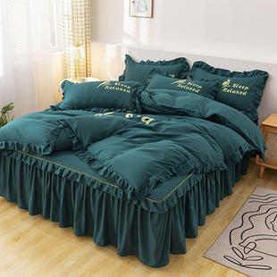 韩版 色床床上用 四件套公HSG主风亲肤棉床裙夏花花边被套边罩纯季