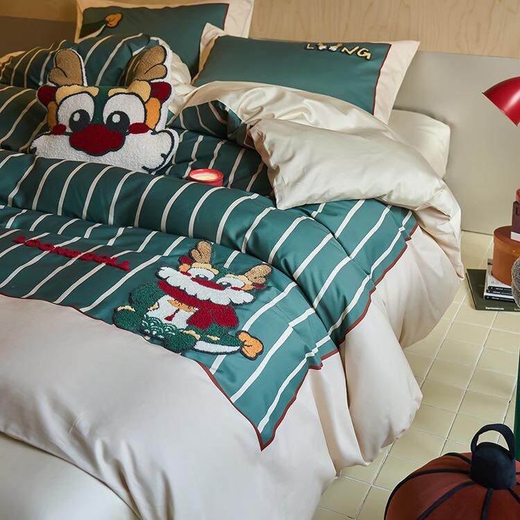 送抱枕龙年~A类100支丝滑全棉三四件套可爱毛巾绣纯棉床单床笠