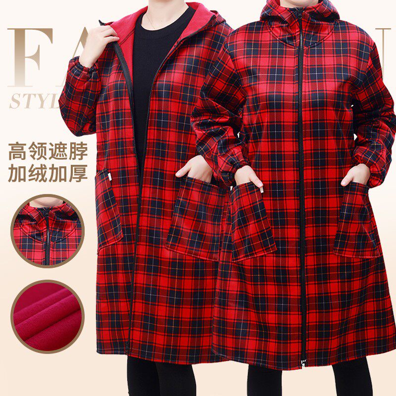 加长加绒女士罩衣大褂防水护衣保暖外套中长款工作服秋冬长袖围裙