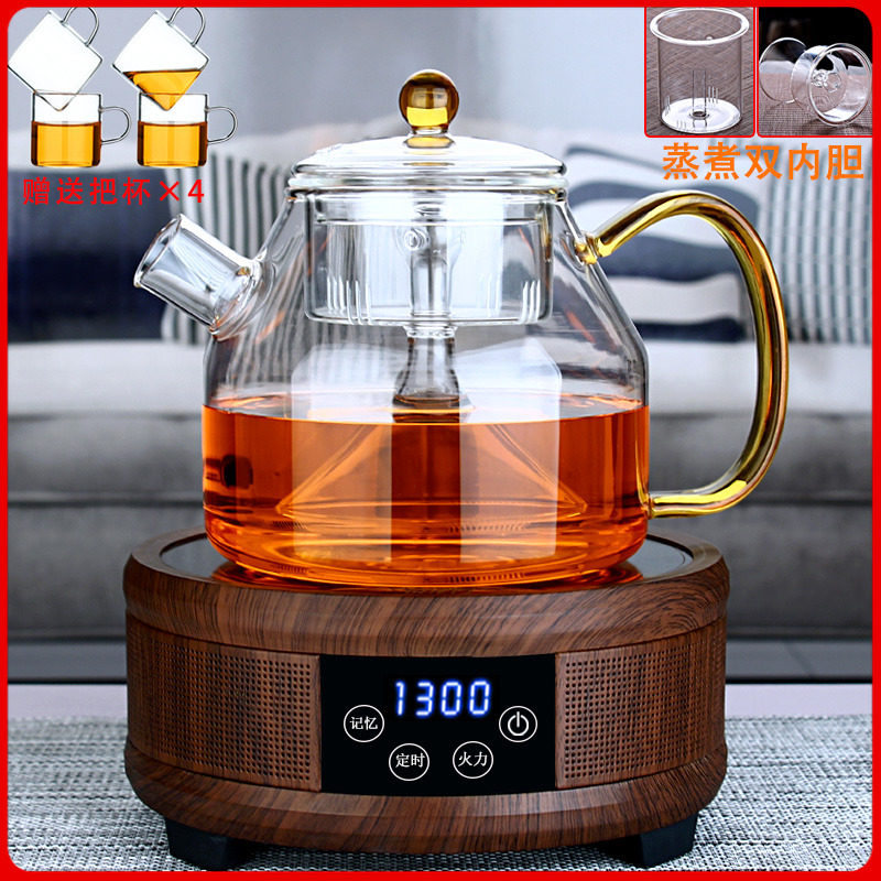大容量全玻璃蒸茶壶 耐热加厚玻璃煮茶器 电陶炉加热煮黑茶蒸汽壶