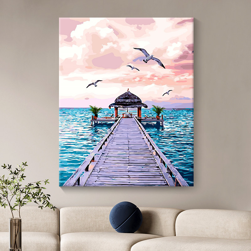 油画diy填充解闷手工画蓝海之恋消磨时间水彩画填色风景油画涂画