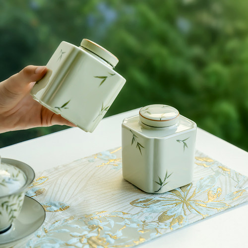 拓土草木灰茶叶罐家用陶瓷手绘筱竹中式茶罐防潮密封罐绿茶储存罐