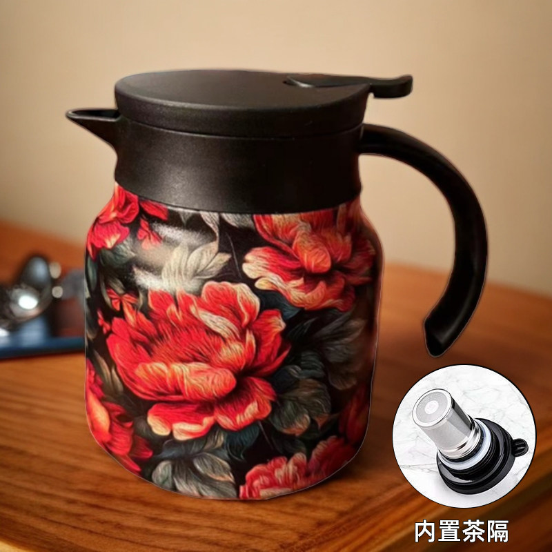 316保温壶焖茶壶茶水分离油画向日葵图案800毫升泡茶咖啡壶带茶隔