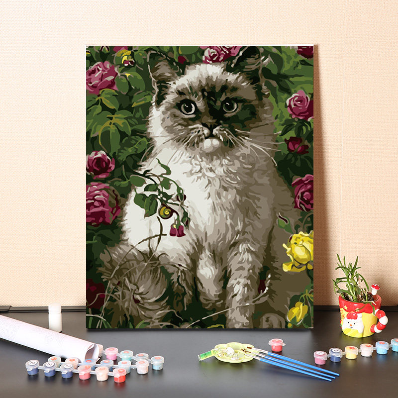 数字油画diy手工填充花中猫咪儿童房手工解闷手绘涂色填色油彩画