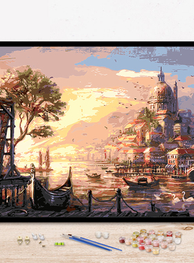 diy数字油画风景大海客厅卧室数码填色手工绘装饰油彩画 日落海边