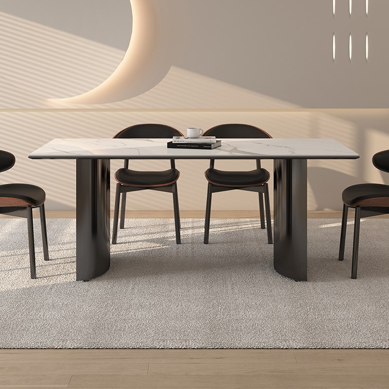 德利丰岩板餐桌家用长方形现代简约小户型不锈钢黑钛高级感饭桌子
