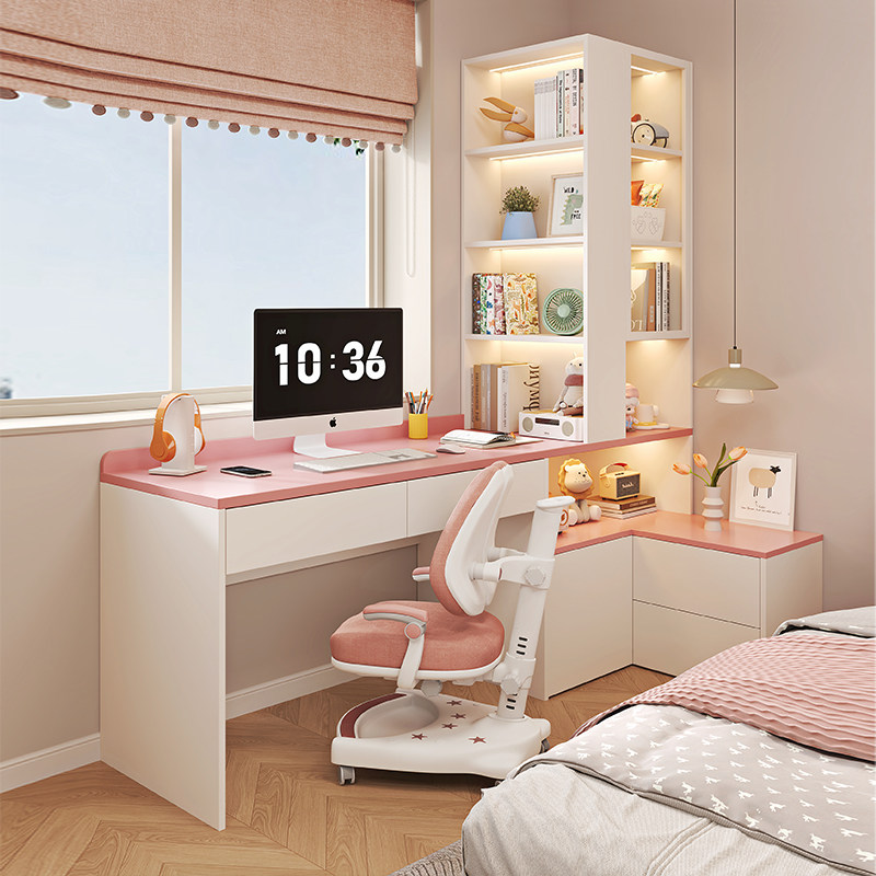 粉色公主儿童房书桌书柜一体学习桌小户型女孩卧室床头书架写字桌