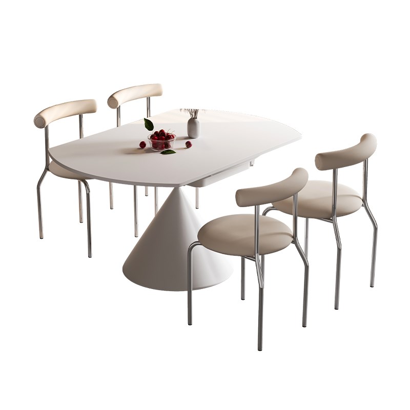 法式岩板餐桌椅可旋转伸缩方圆两用奶油白色简约现代小户型