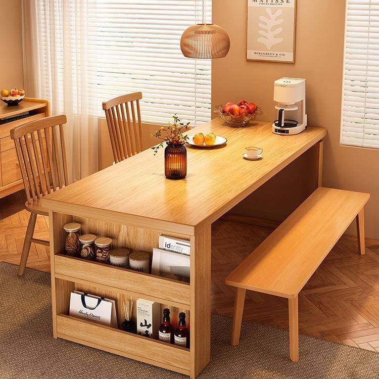 实木餐桌一桌四椅组合家用小户型出租房用大板桌边柜一体储物饭桌