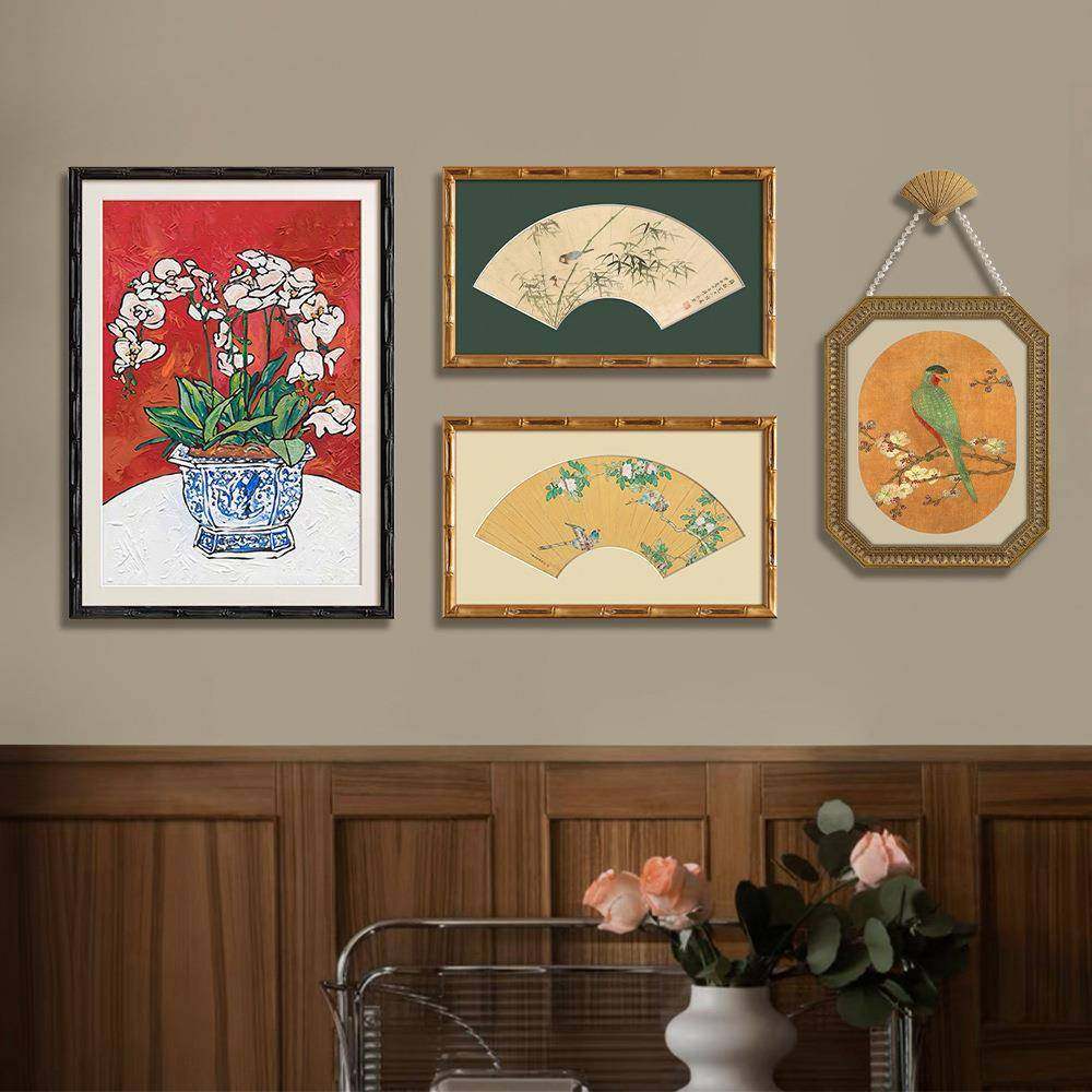 福禄花鸟扇面画法式复古中国风客厅沙发背景扇面画新中式卧室挂画