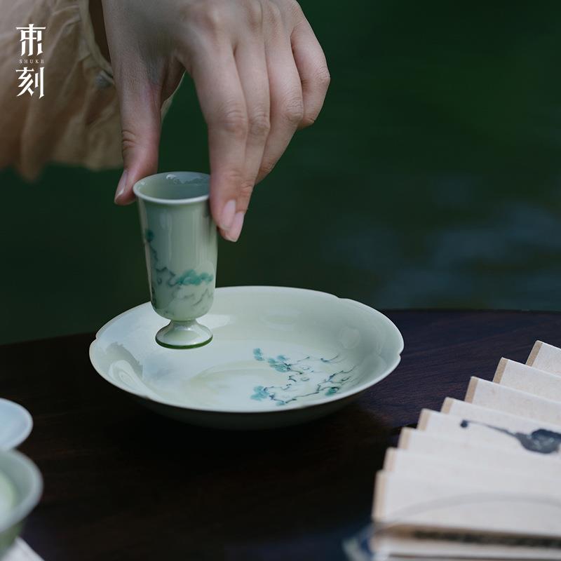 束刻 觅青釉下粉彩手绘太湖石苍翠花口壶承干泡茶席干泡盘茶台