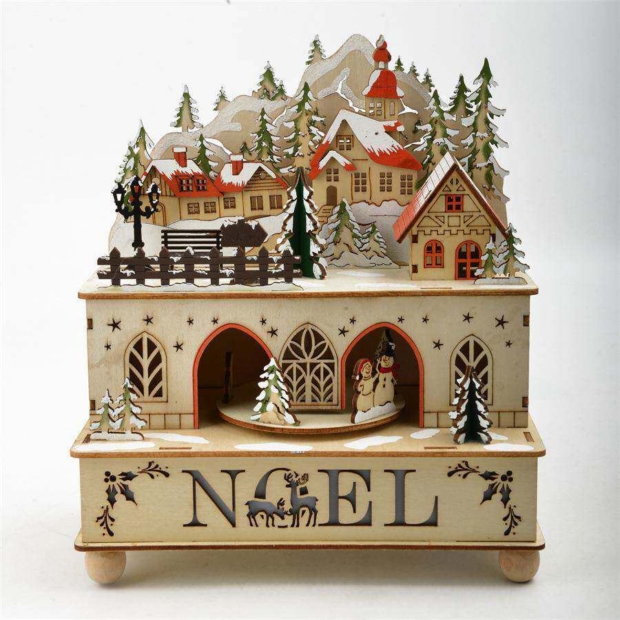 新款木制圣诞音乐盒 发条机械音乐八音盒 圣诞装饰派对用品