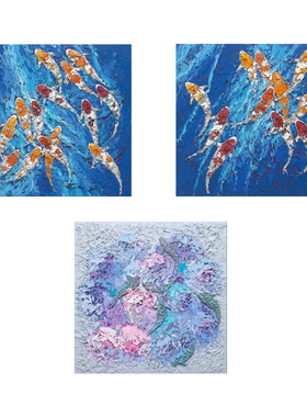 九鱼图油画客厅流水生财简约装饰画餐厅蓝色微喷抽象艺术玄关画芯