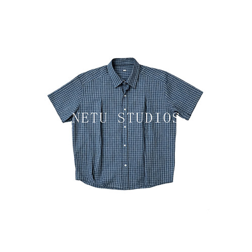 NETU【法式泡泡纱】立体肌理感撞色格纹短袖衬衫男松弛感薄款衬衫