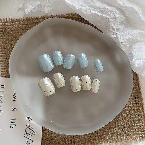 纯手工多巴胺可爱鸳鸯波点穿戴甲白开水电镀玻璃珠美甲少女温柔