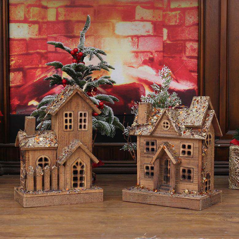 木质圣诞房子圣诞发光雪屋雪房子场景布置装饰前台桌面摆件