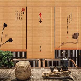 竹帘卷帘电动遮阳帘宋式美学窗帘中古风门帘隔断卷拉式窗户遮光帘